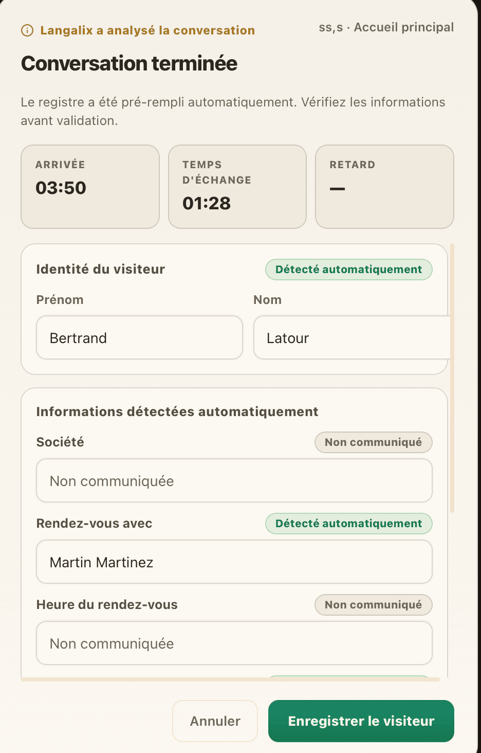 Formulaire « Conversation terminée » : le contact, la société, la langue et les informations du passage sont préremplis, l’agent vérifie puis valide.
