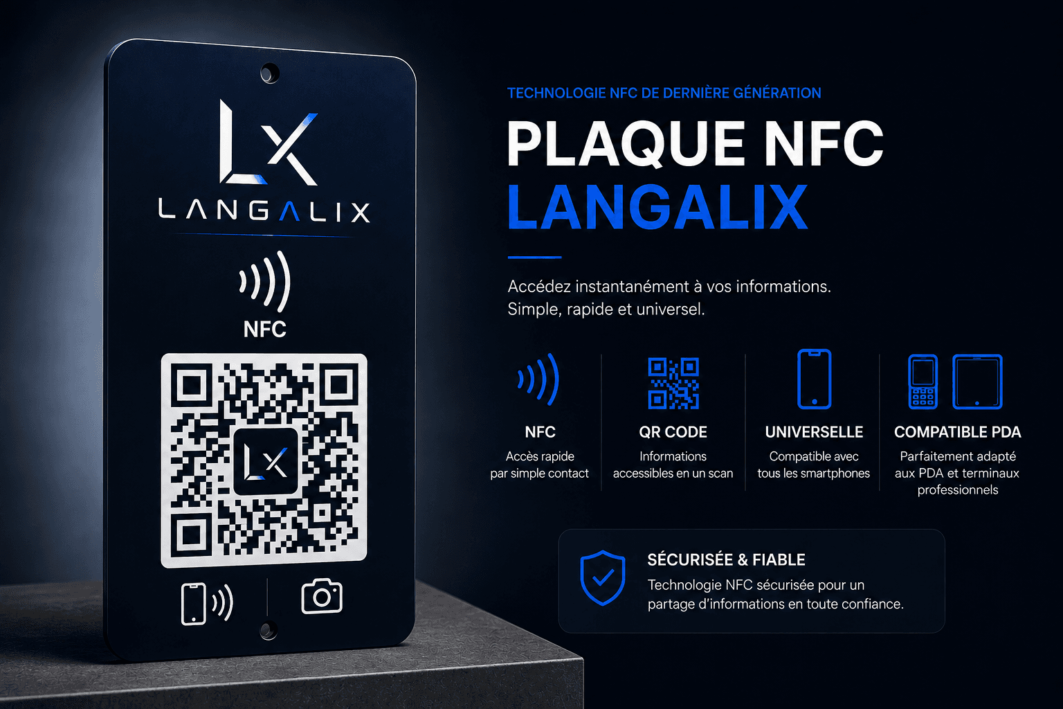 Plaque QR / NFC Langalix, avec son QR code et sa zone de lecture sans contact.
